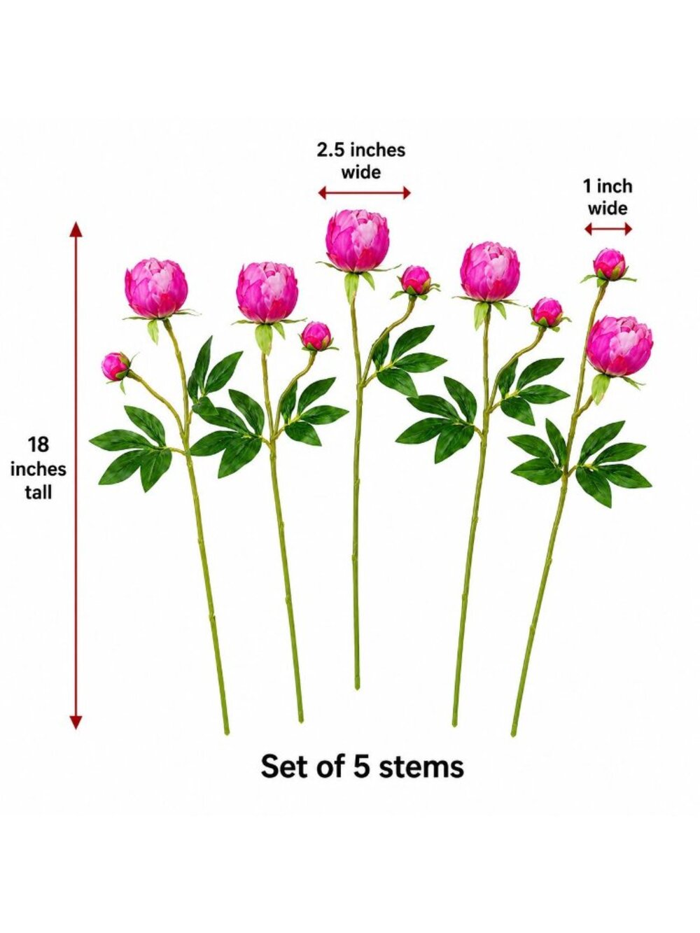 Hot Pink Artificial Peony Stems Set of 5 Faux Silk Peonies With Buds Wedding Boq